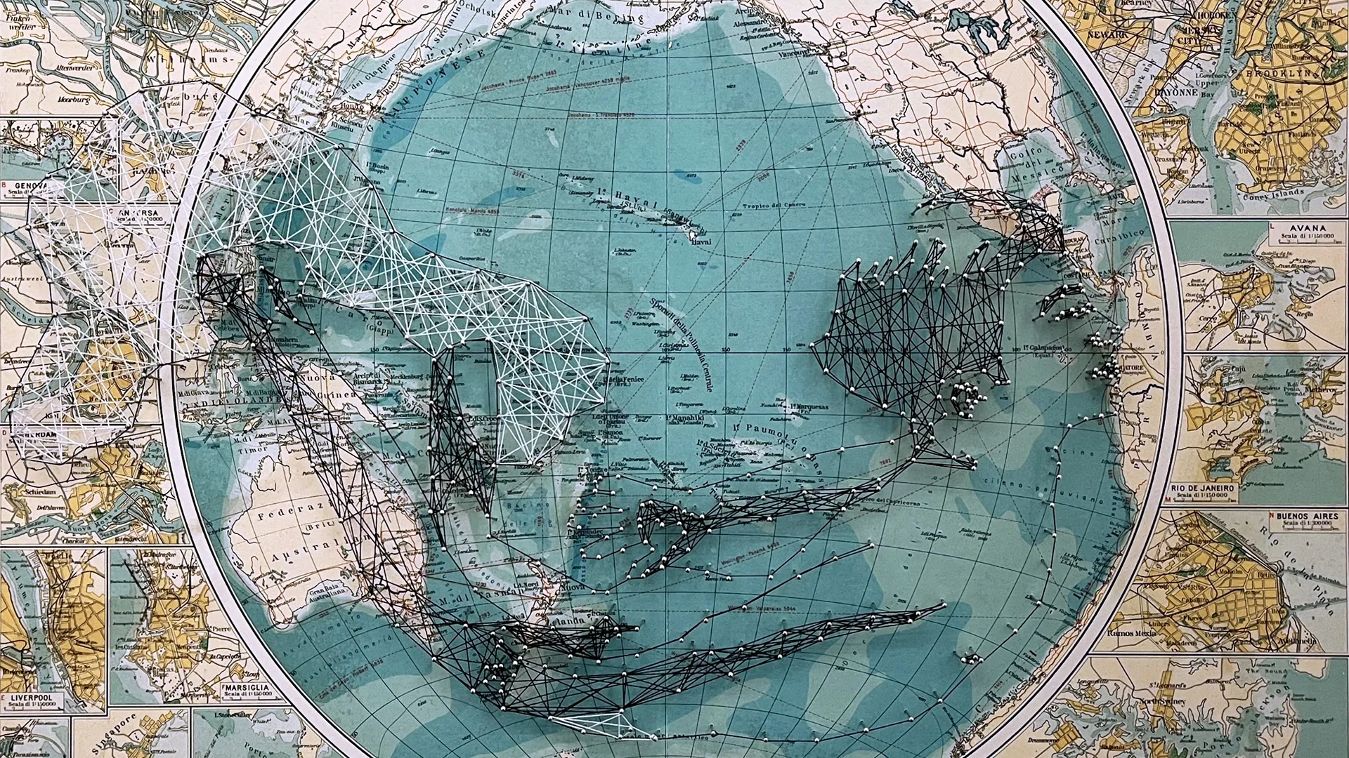 Pamela Campagna, cartograFACE_22, 2023. 48cm x 62cm (19" x 24"). Network of polyester threads and nails on map. 