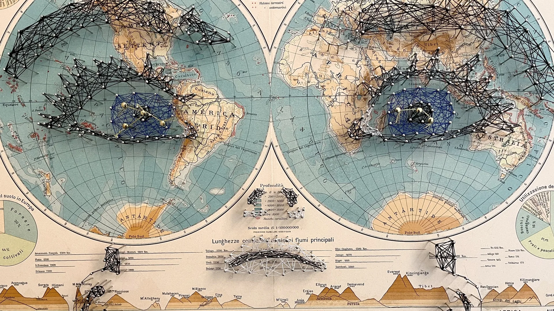 Pamela Campagna, cartograFACE_23, 2023. 48cm x 62cm (19" x 24"). Network of polyester threads and nails on map. 