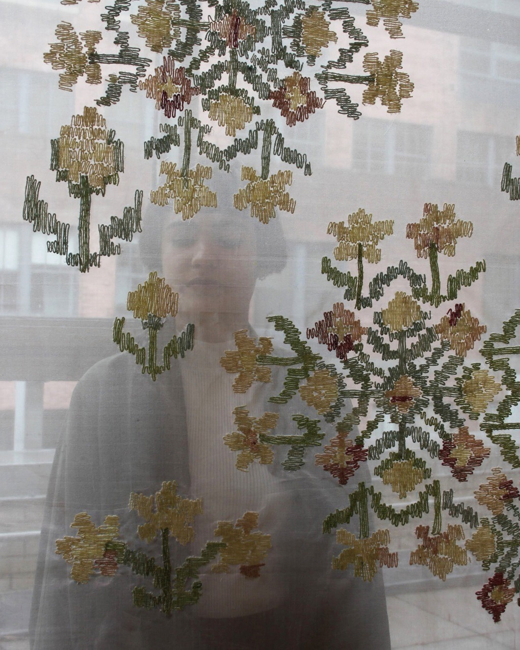 Pallavi Padukone, Jasmine I, 2020. 86cm x 132cm (34" x 52"). Embroidery. Silk organza, jasmine scented cotton dyed with beetroot, indigo and turmeric.