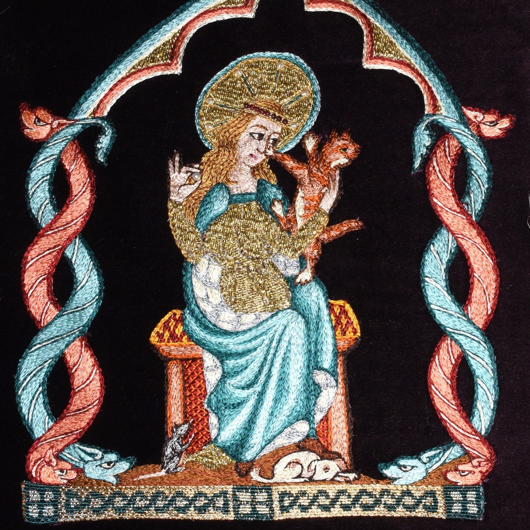 Tanya Bentham, Lady and Cat, Patron Saint of Worm and Flea Treatments, 2022. 25cm x 30cm (10" x 12"). Hand stitch. Silk, metal.