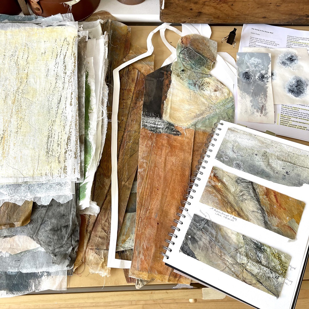 Rachael Singleton, Song of the Stone Wall figures in progress, 2023. Hand and machine stitch, fabric-paper construction, various treatments. Muslin, wet-strength papers, acrylic paint, PVA, thread, yarn.