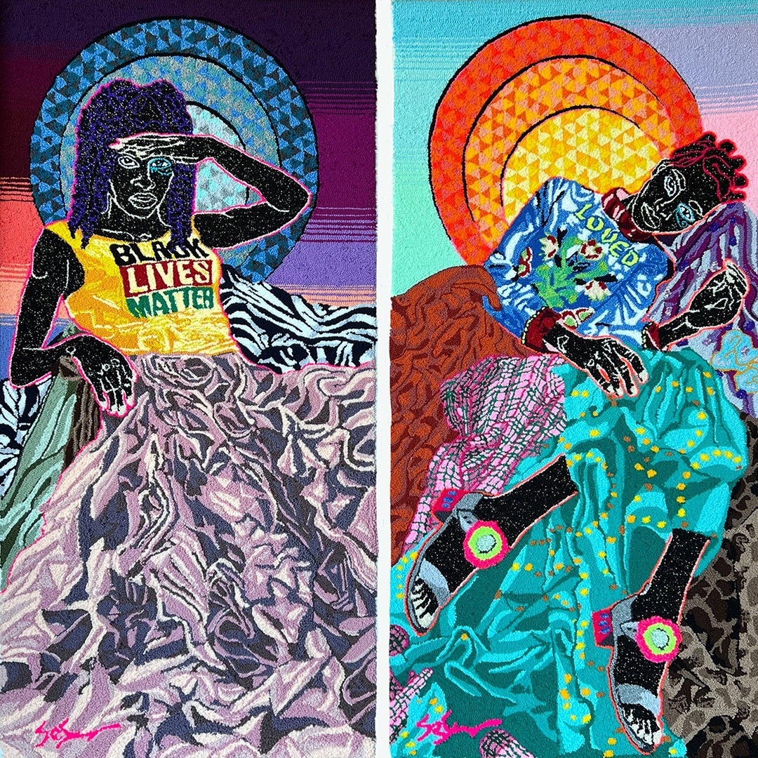 Simone Elizabeth Saunders, StarGaze and SunRays, 2022. Each 165cm x 79cm (65" x 31"). Hand tufting. Acrylic, cotton, metallic yarn on cotton rug warp.