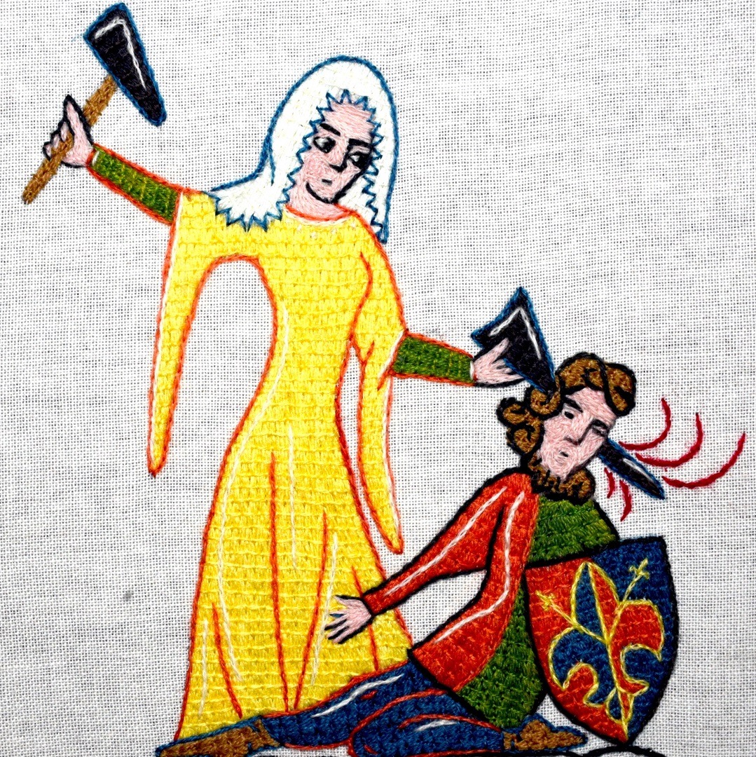 Tanya Bentham, Cure for Mansplaining, 2021. 15cm x 20cm (6" x 8"). Laying, couching. Wool. Photo: Crowood Press.