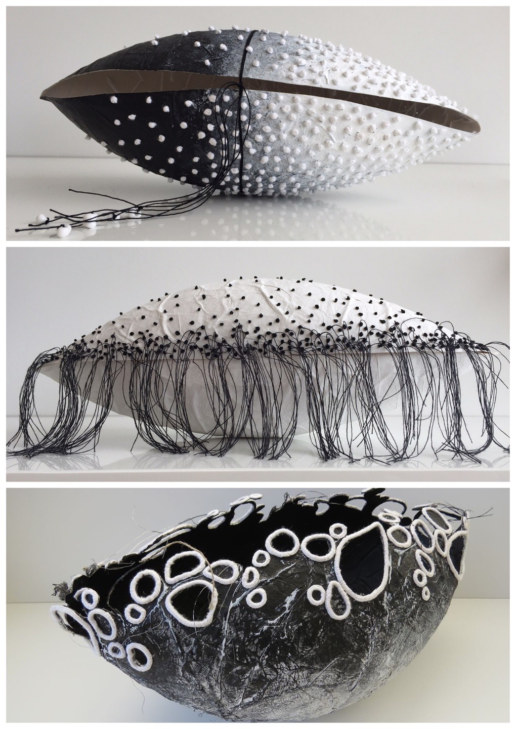 Rachael Singleton, Three Pods, 2019. 25cm to 35cm (10" to 14"). Papier mache, hand stitch. Teabag paper, CMC paste, acrylic paint, embroidery thread.