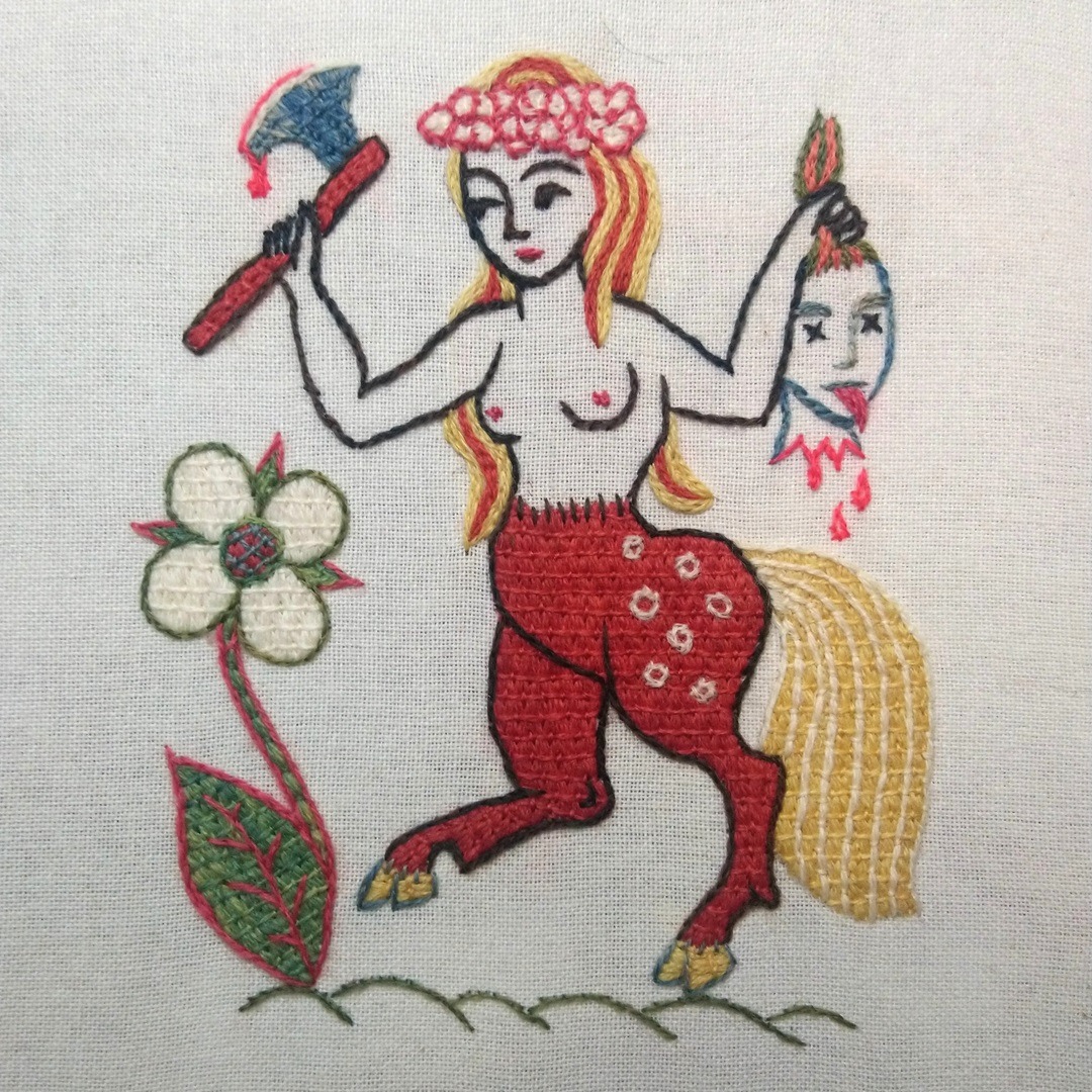 Tanya Bentham, Wild Woman, 2023. 15cm x 14cm (6" x 5½"). Laying, couching. Wool.