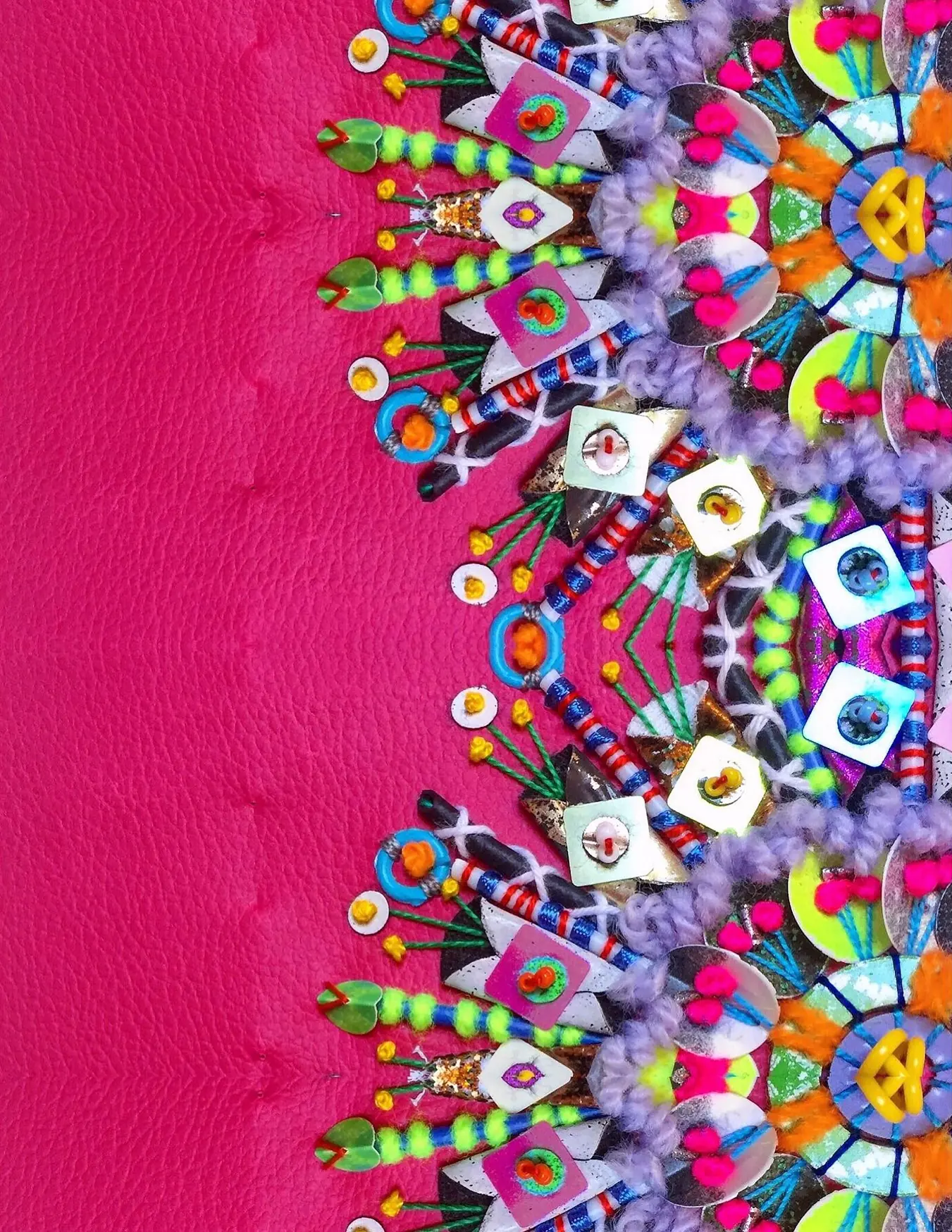Jessica Grady, Bloom - Mandala (detail), 2018. Hand stitch. Printed and foiled leatherette sequins, dyed tubing, painted metal washers.