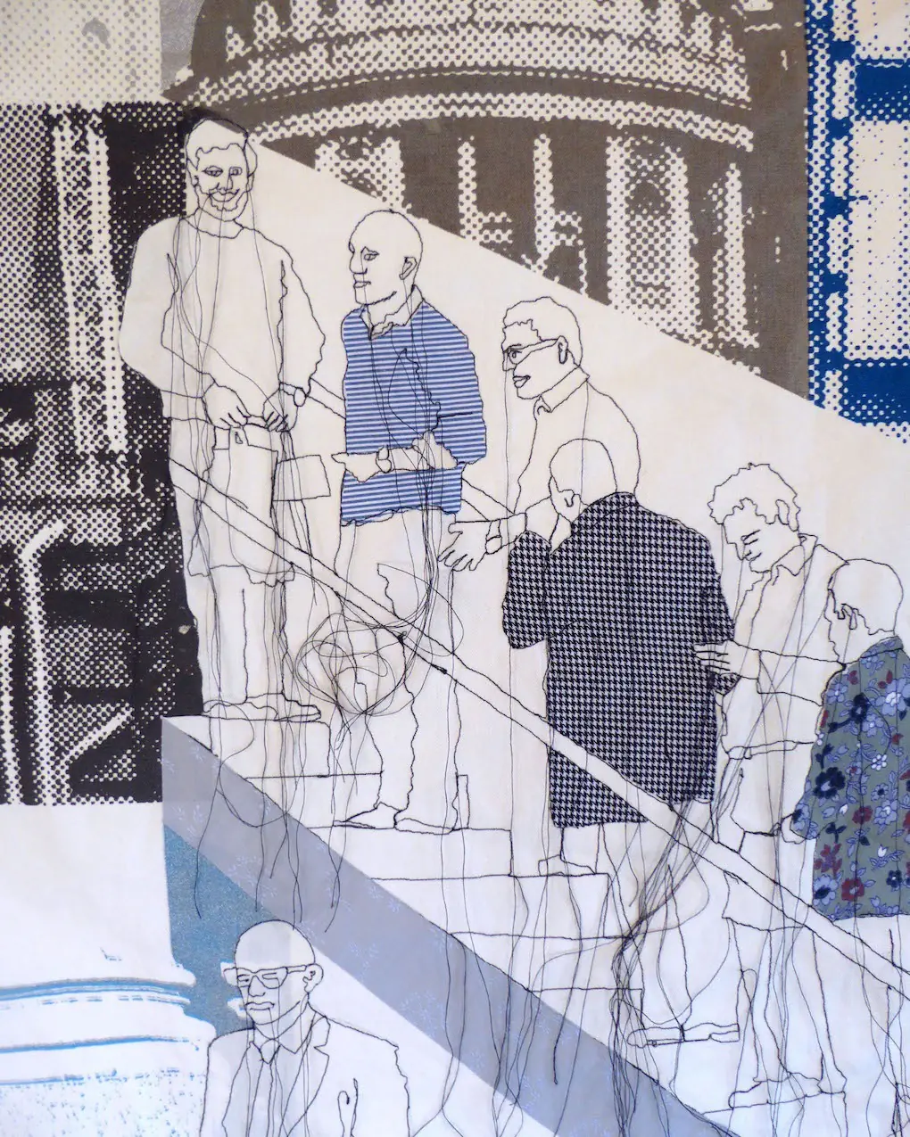 A stitched scene of people riding an escalator in the middle of London. 