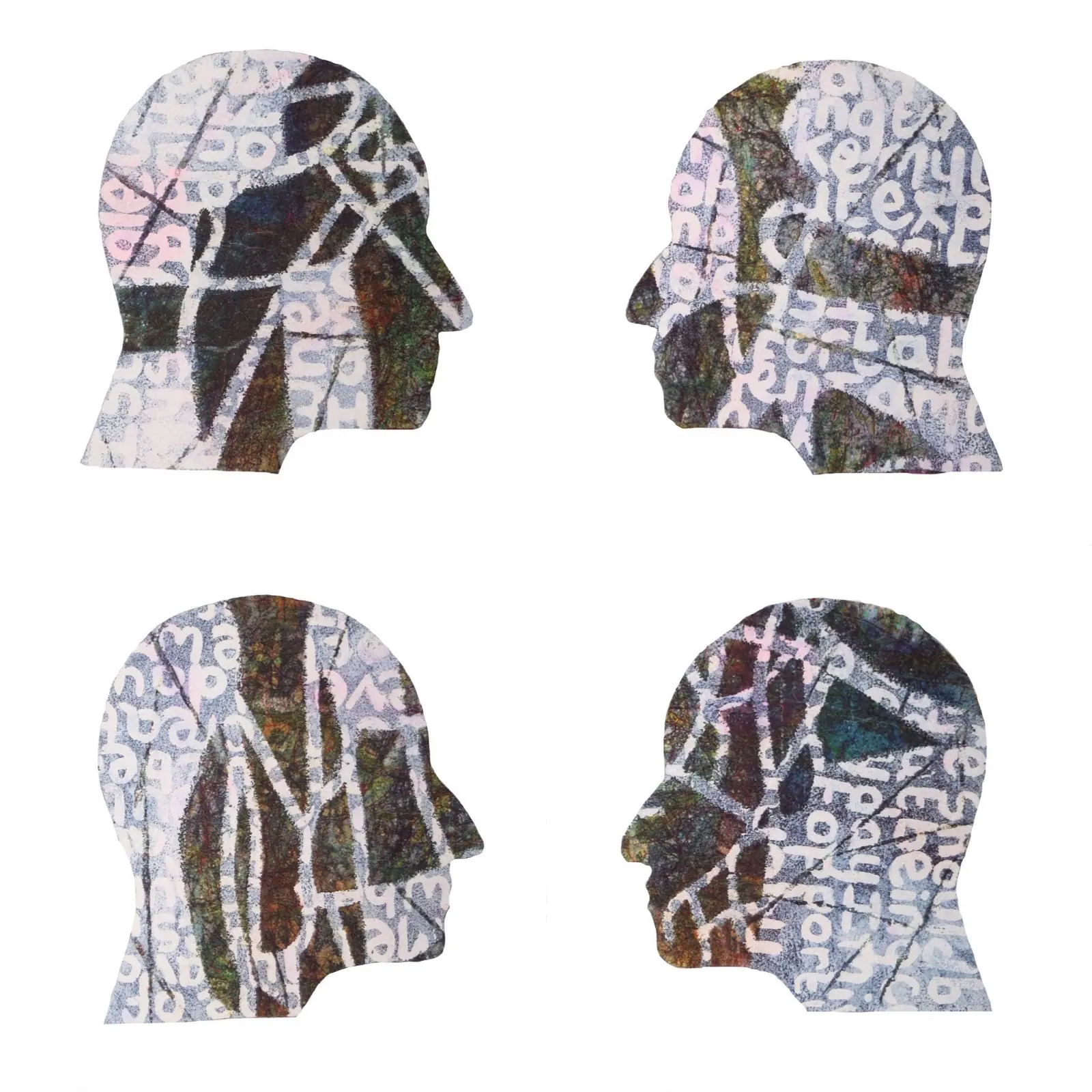 Stewart Kelly: 40 Heads (Detail), Ink, acrylic paint, machine embroidery and indigo dye on paper, 25 x 25cm each