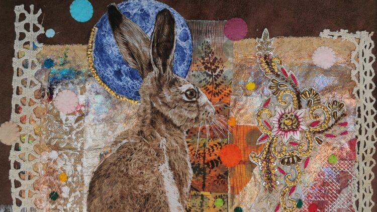 Nigel Cheney, It's a Kind of Magic, 2023. 40m x 30cm (15½" x 12"). Digital print, hand stitch. Vintage fabrics, embellishments, haberdashery, digitally printed cotton, cotton and polyester thread, felt spots.