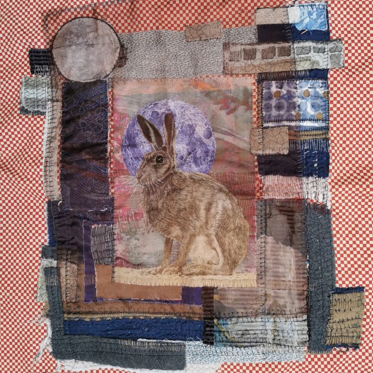 Nigel Cheney, Misty Circles – Autumn, 2023. 40cm x 30cm (15½" x 12"). Digital print, hand and machine stitch. Vintage fabrics, crystal nylon, cotton velvet, digitally printed cotton, cotton and polyester thread.