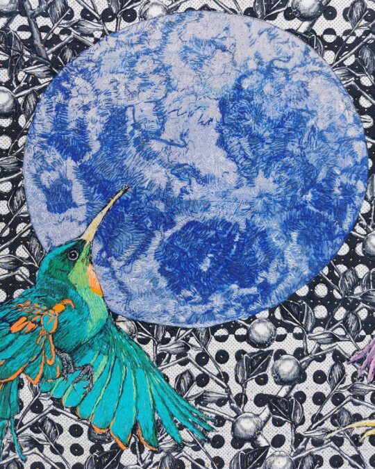 Nigel Cheney, Three x Thrice (detail), 2022. 140cm x 200cm (55" x 78½"). Digital print, appliqués, hand and machine stitch. Digitally printed cotton, wool backing, polyester and cotton threads.