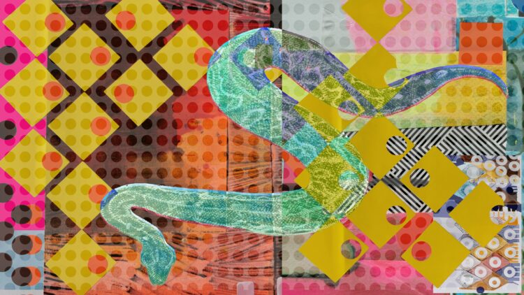 Nigel Cheney, Ridiculous Reptiles (detail), 2023. 140cm x 50cm (55" x 19½"). Experimental digital print on duchesse satin.