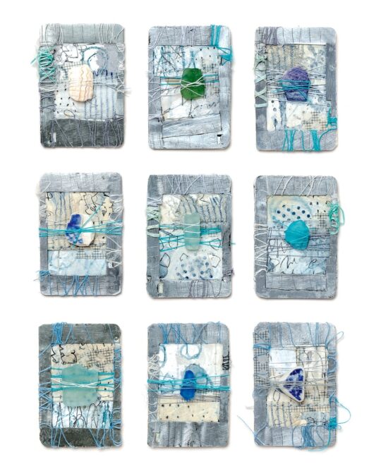 Shelley Rhodes, Coastal Fragments, 2020. 5cm x 3cm (2” x 1”) each. Assemblage with stitch and wrapped threads, salvaged frames with mixed media drawings and found beach fragments. Photo: Michael Wicks, Batsford