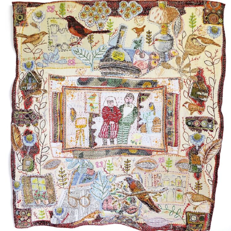 Anne Kelly, Stay at Home, 2021. 90cm x 90 cm (35” x 35”). Collage, hand and machine stitch. Vintage textiles, treated paper.