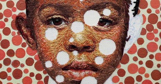 Nneka Jones, Colorblind Shooting Range, 2020. 20cm x 25cm (8" x 10"). Hand embroidery. Embroidery thread and acrylic paint.