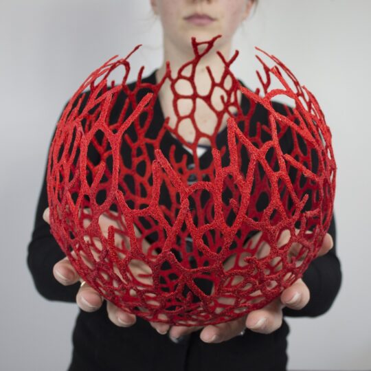 Meredith Woolnough, Red Coral Bowl, 2016. 25cm (10”) diameter. Sculptural and freehand machine embroidery. Polyester machine embroidery thread and water soluble fabric.