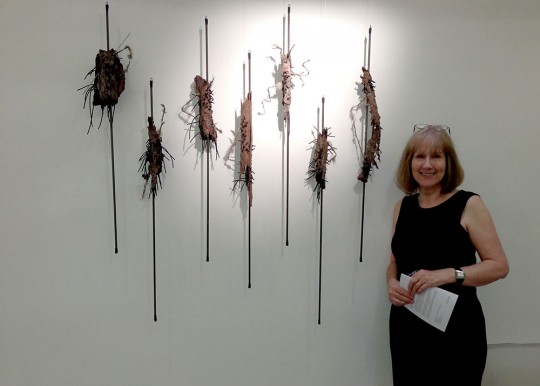 Textile artist Ann Goddard with her piece At Stake at the recent exhibition at Goldsmiths by the 62 Group.