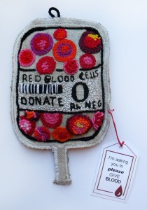 A piece of art created by an American fiber artist in support of the Blood Bag Project