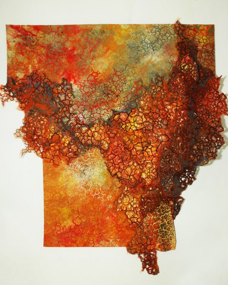 Sue Hotchkis, Drought of Honesty, 2022. 119cm x 110cm (47” x 43”). Screen print, discharge print, quilting, appliqué, free motion and digital stitch. Cotton and voile.