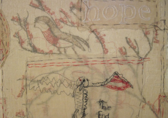 A detail of Hopes and Fears - a large piece of fiber art on display at Somerset House