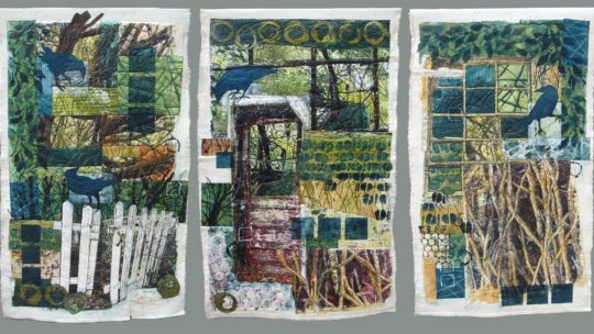 Bobbi Baugh, They Built Their House of Twigs, 2022. 109cm x 185cm (43” x 73”). Photo transfer, monotype, resist and relief prints, screen print, direct painting. Canvas, muslin, sheer polyester, eco felt, acrylic paints and mediums.