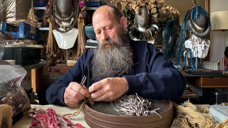 Ross Belton creating Urban Mythology Regalia in his home studio. Photo: Jonathan Dredge