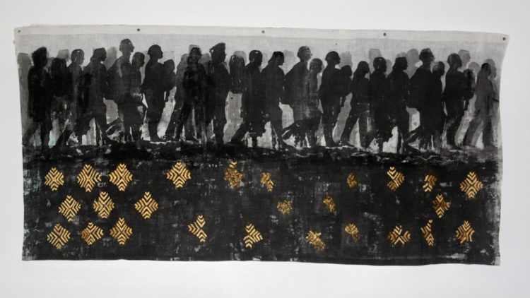 Amarjeet Nandhra, Displacement, 2017. 80cm x 150cm (31” x 59”). Screen printing and hand stitch. Butter muslin, mercerized cotton.
