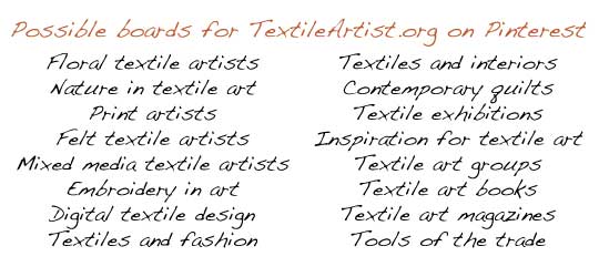 A quick brainstorm of the potential boards on Pinterest for TextileArtist.org