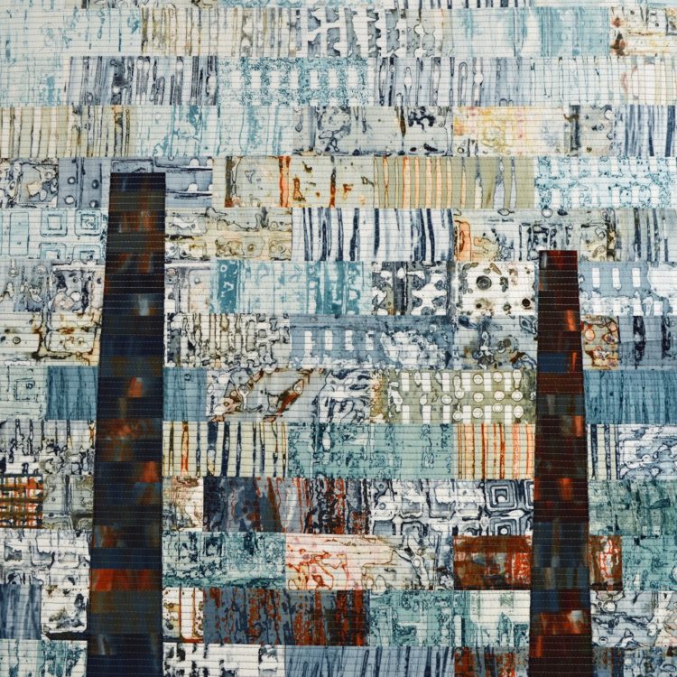 Leah Higgins, Ruins 9: Cottonopolis Revisited (detail), 2018. 256cm x 132cm (8’ x 4’). Screen printing, dyeing, collage and piecing, machine quilting. Artist’s own printed and dyed cotton fabrics, acrylic felt wadding, hand-dyed cotton backing and Madeira Cotona threads.