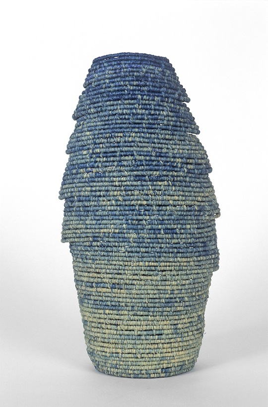 Mali Basket by textile artist Barbara Shapiro. Coiled indigo dyed raffia, 2007