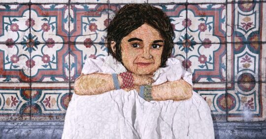 Aran Illingworth, The Eyes are the Window of the Soul (detail), 2012. 59cm x 106cm (23” x 42”). Appliqué and hand stitch. Recycled fabric. Photo: Kevin Mead.