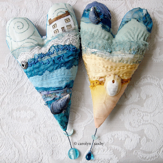 Hearts made using textile techniques by Carolyn Saxby