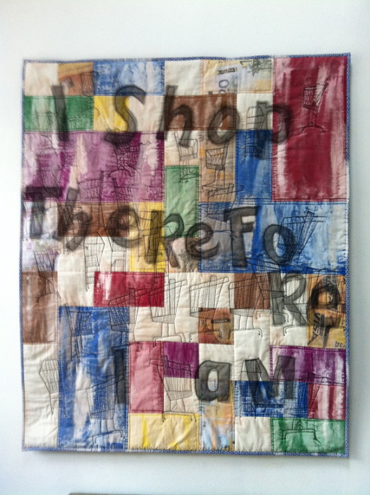 I  Shop, Therefore I am - Quilt art by textile artist Marjolein Burbank