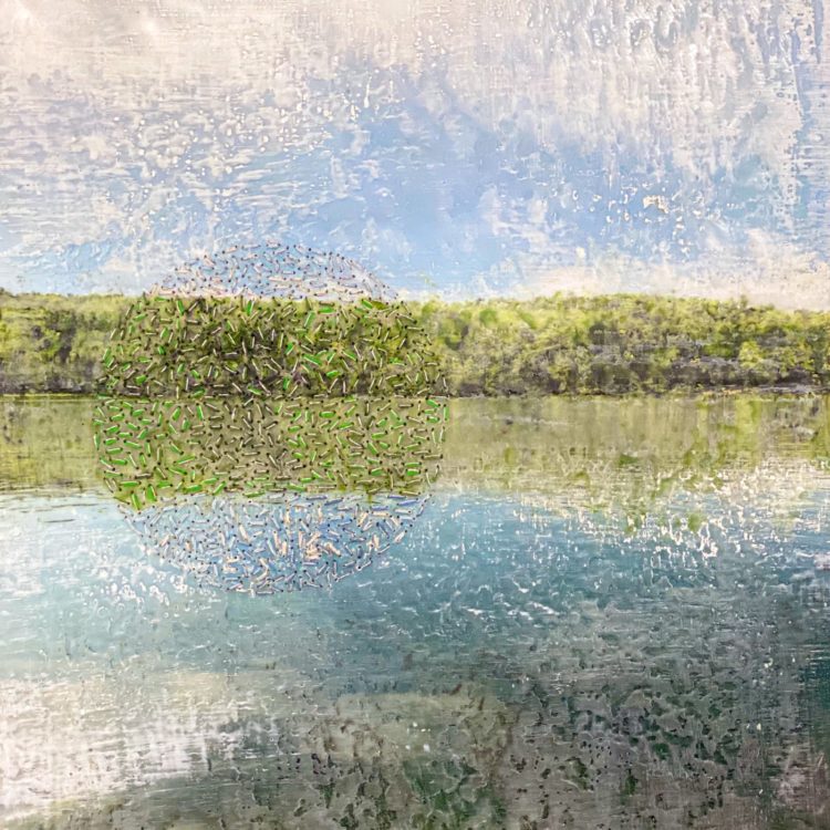 Ava Roth, Hardwood Lake, After the Rain, 2022. 46cm x 61cm (18" x 24"). Encaustic, oil stick, embroidery floss on wood panel. Photography, encaustic painting, embroidery.