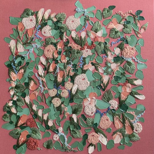 Helen Wilde, Kiss My Petals, Weave Me Through A Dream (detail), 2022. 50cm x 50cm (19½" x 19½"). Cotton, acrylic art paint. Painting, hand embroidery.