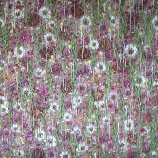Olga Prinku, Woven Meadow (reverse view detail), 2022. 90cm x 90cm (35½" x 35½"). Birch hoop, tulle fabric, dried flora, invisible thread. Hand stitch.