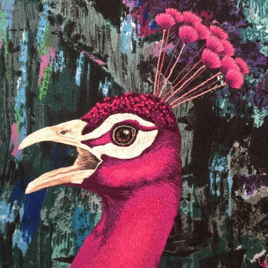 Yvette Phillips, Pink Peacock, 2022. 20cm x 20cm (8" x 8"). Vintage Sanderson cotton, thread. Hand embroidery.
