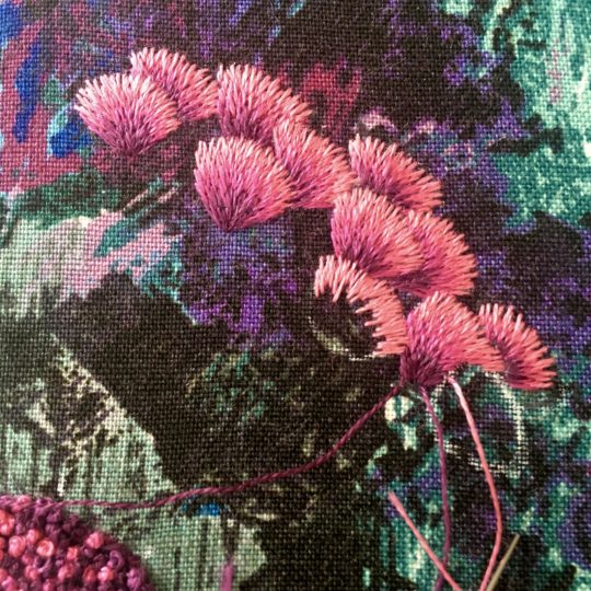 Yvette Phillips, Pink Peacock (detail), 2022. 20cm x 20cm (8" x 8"). Vintage Sanderson cotton, thread. Hand embroidery.