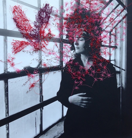 A piece of embroidered photography textile art by New York based artist Melissa Zexter