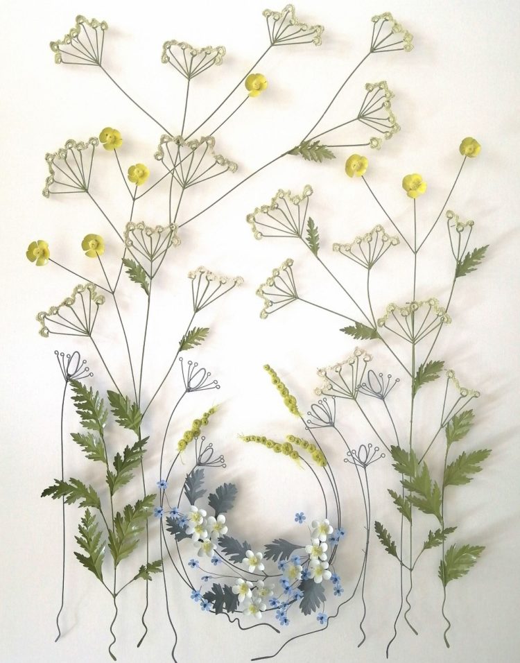 Liz Cooksey, Hedgerow (full), 2022. 50cm x 80cm (20" x 31"). Metal work with crochet and fabric manipulation. Wire, brass sheet metal, thread and fabric.