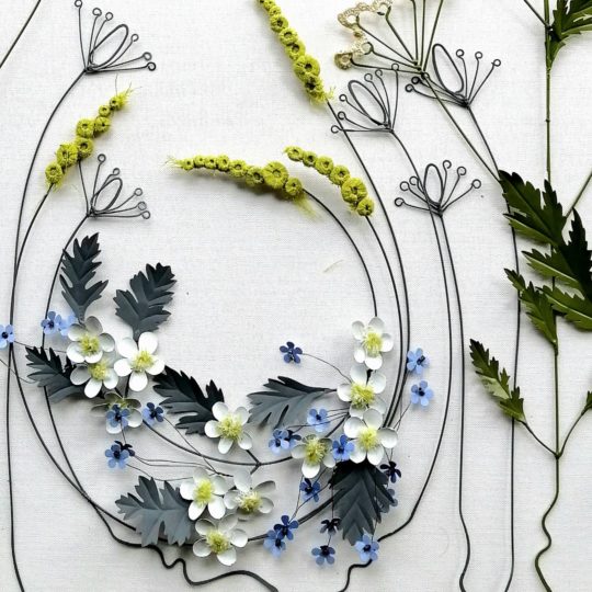 Liz Cooksey, Hedgerow (detail), 2022. 50cm x 80cm (20" x 31"). Metal work with crochet and fabric manipulation. Wire, brass sheet metal, thread and fabric.