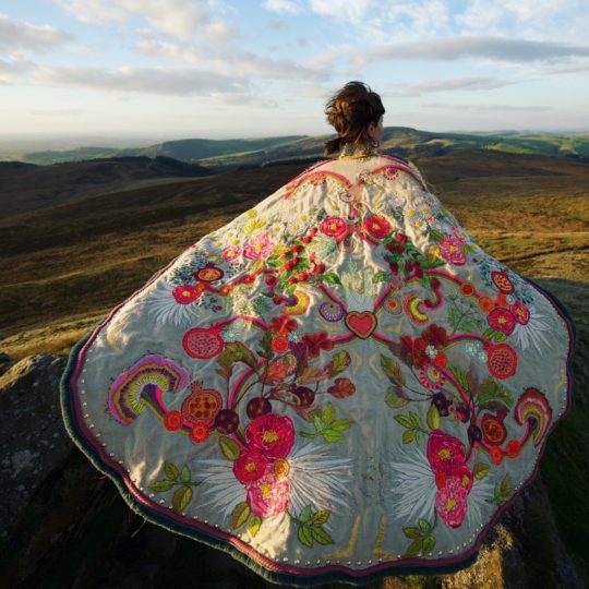 Louise Gardiner, The Cape of Empowerment (full), 2018. 175cm x 200cm (69" x 79"). Free machine embroidery, appliqué, hand painting, beading. Linen, silk, mixed textiles, textile paint, embroidery thread, beading and studs. Photo: Emma Williams and Lou Gardiner.