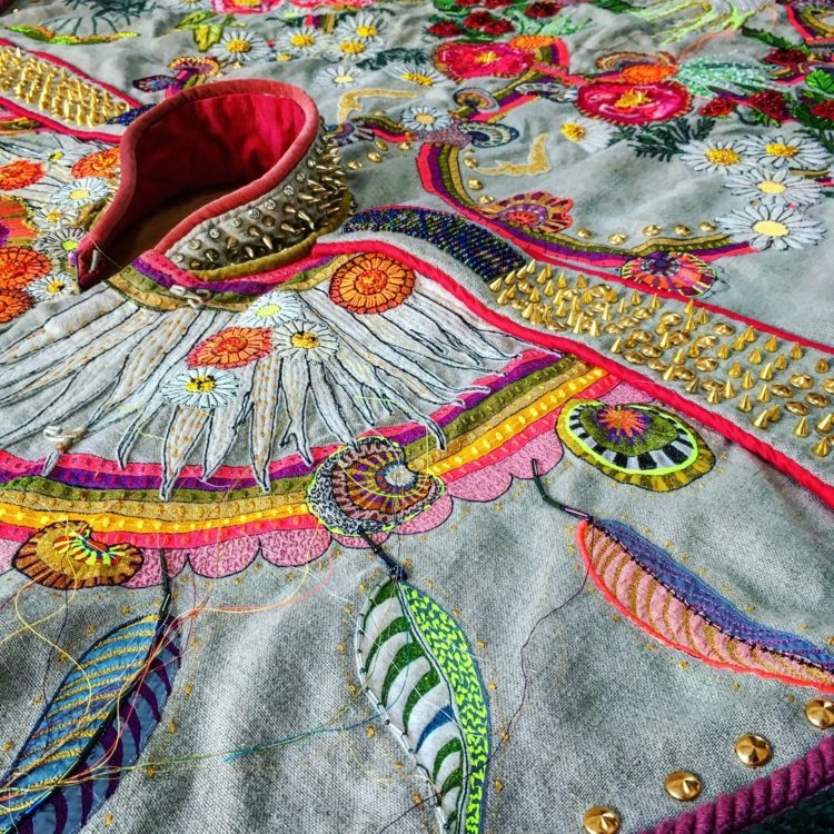 Louise Gardiner, The Cape of Empowerment, 2018. 175cm x 200cm (69" x 79"). Free machine embroidery, appliqué, hand painting, beading. Linen, silk, mixed textiles, textile paint, embroidery thread, beading and studs. Photo: Emma Williams and Lou Gardiner.