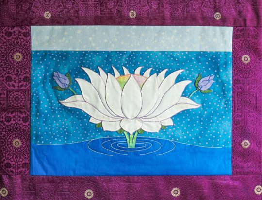 Leslie Rinchen-Wongmo, Marlena's Lotus (full), 2017. 53cm x 66cm (21" x 26"). Tibetan appliqué. Silk, horsehair, cotton.