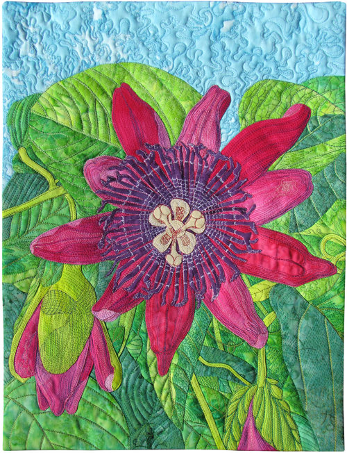 Leslie Brubaker Knapp - Passion Flower 15" x 19-1/4" (2012). Original design. Cotton fabric, cotton threads, wool/polyester batting. Free-motion thread sketched and machine quilted.