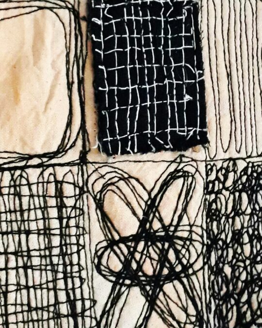 Patricia Kelly, At Play (detail), 2023. 11cm x 15.5cm (4.5" x 6"). Machine stitching. Calico, threads.