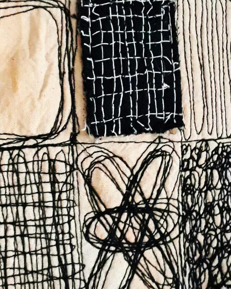 Patricia Kelly, At Play (detail), 2023. 11cm x 15.5cm (4.5" x 6"). Machine stitching. Calico, threads.