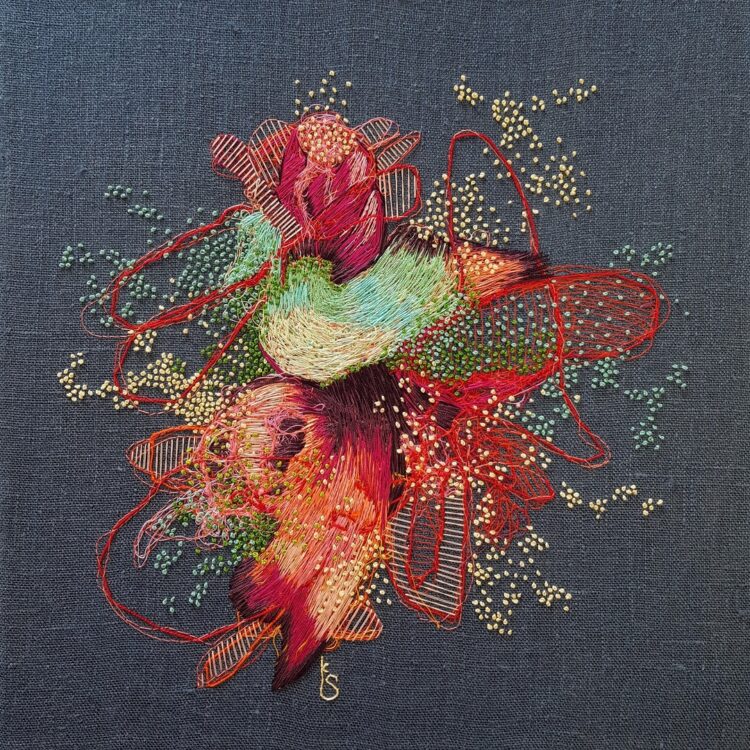 Kristine Stattin, Effervescence, 2021. 30cm x 30cm (12" x 12"). Hand and free motion machine embroidery. Cotton sewing threads and DMC threads, linen fabric.