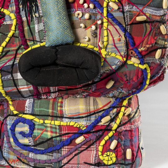 Gurjeet Singh, Black Lips (detail), 2023. 56cm x 48cm x 30cm (22" x 19" x 12"). Cotton, linen, polyester, cotton thread, beads, buttons, plastic, polyfill. Machine stitch, hand stitch. Photo: Chemould CoLab.