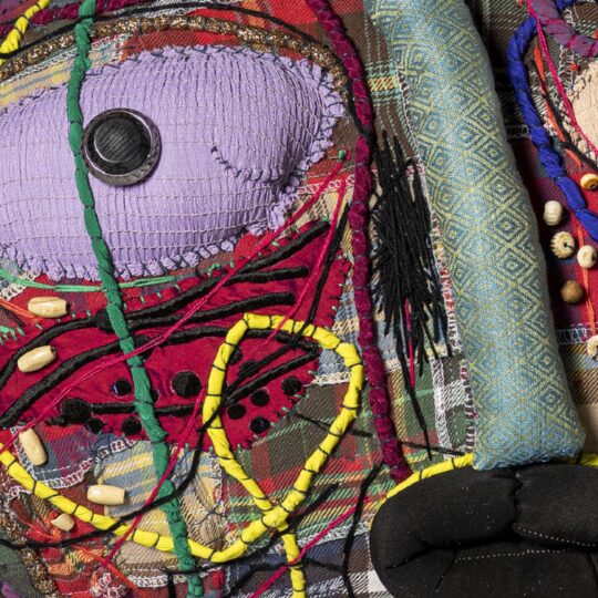 Gurjeet Singh, Black Lips (detail), 2023. 56cm x 48cm x 30cm (22" x 19" x 12"). Cotton, linen, polyester, cotton thread, beads, buttons, plastic, polyfill. Machine stitch, hand stitch. Photo: Chemould CoLab.